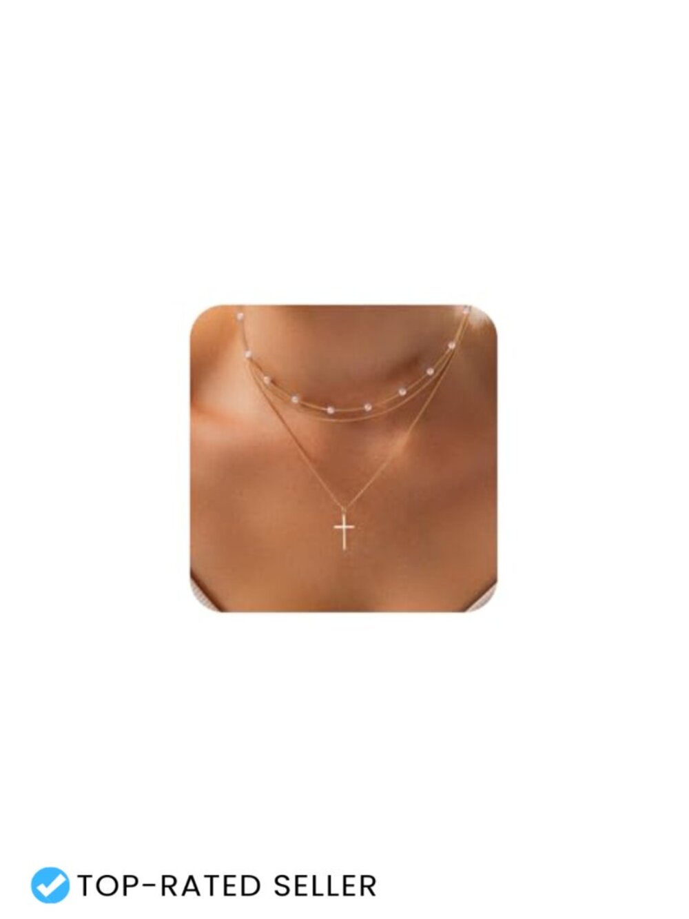 Layered Cross Necklace Set 14K Gold Plated Dainty Pearl Choker O Chain